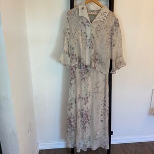 Vintage Kathy Roberts Floral Dress &‎ Jacket Set Women's Size 14 Beige Purple